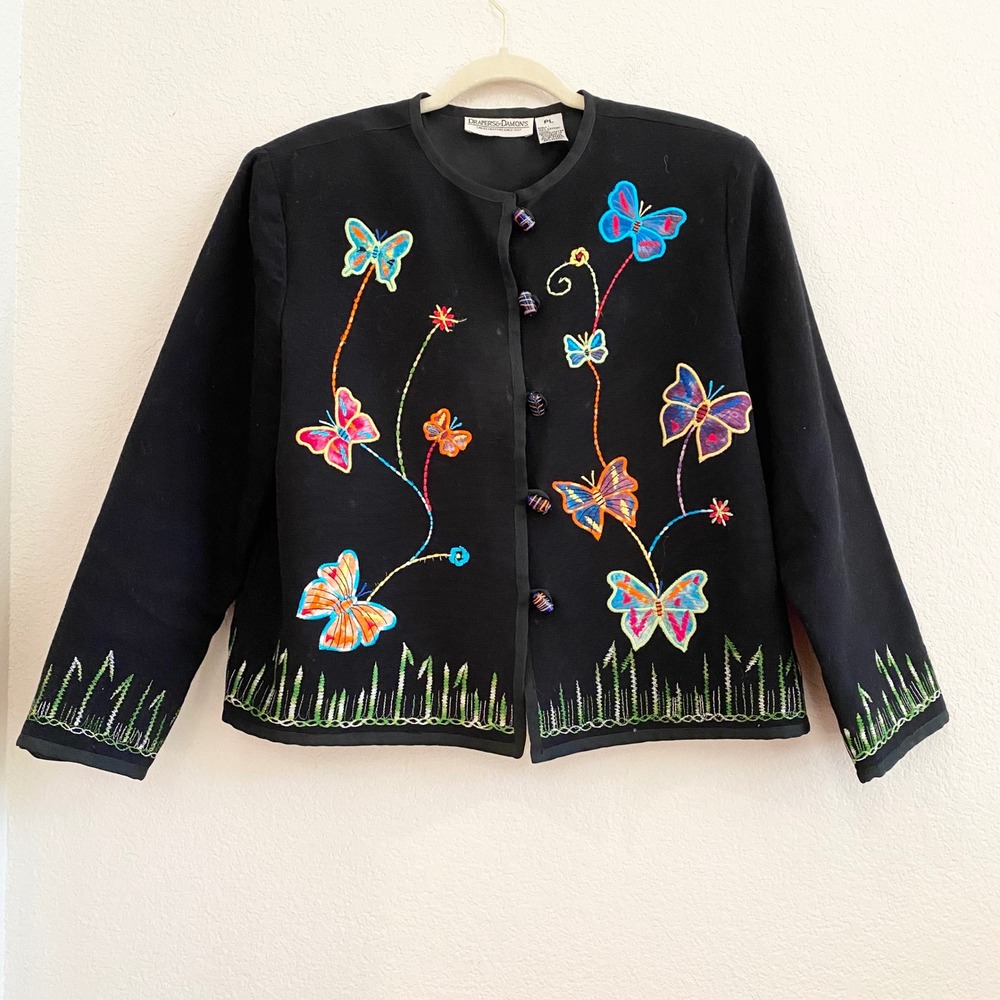 DRAPERS & DAMONS Black Embroidered Butterfly Jacket Petite‎ Large Lined